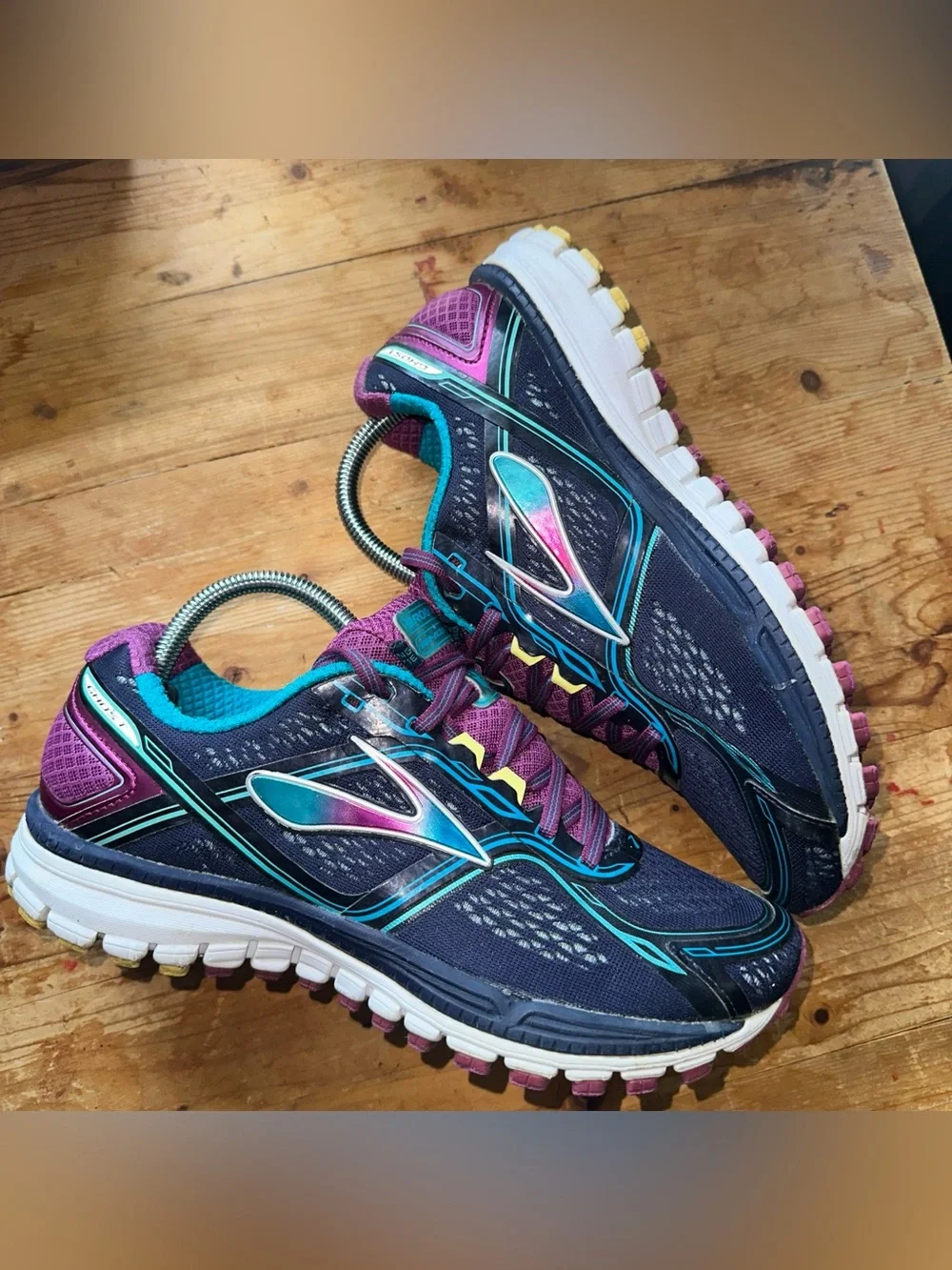 Brooks Women 9 Running Shoes Ghost 8 Black Purple Turquoise Sneakers